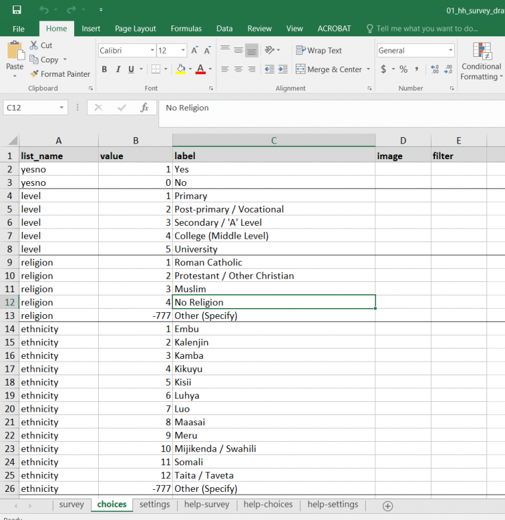 This image shows the answer options page of a SurveyCTO excel sheet