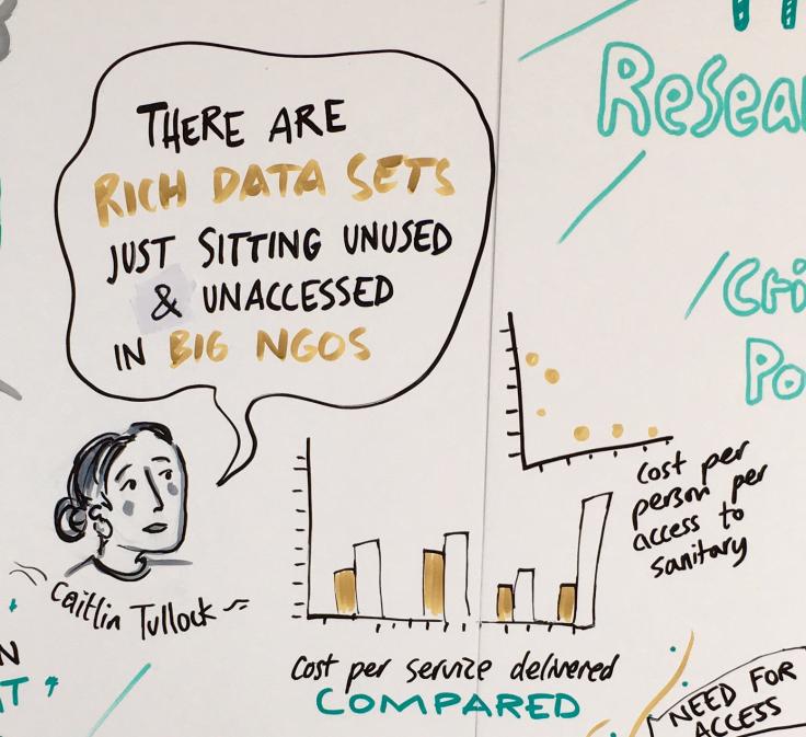 A cartoon drawing of Caitlin saying "There are rich data sets just sitting unused and unaccessed in big NGOs"
