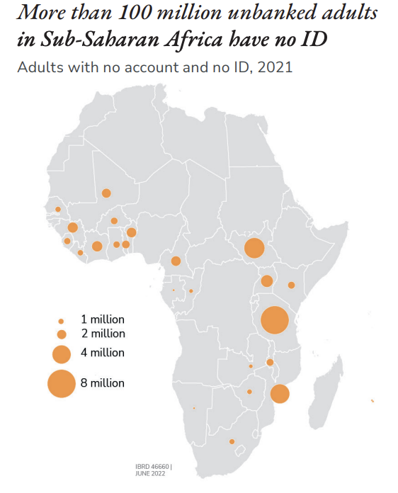 A map of Africa showing areas with high proportions of unbanked adults.