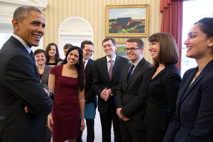 President Barack Obama meets with staff of the Social Behavioral Sciences team