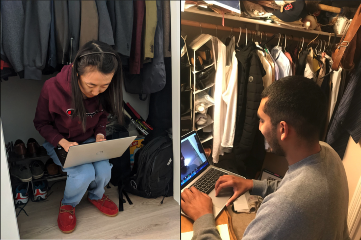 In two side-by-side images, two people work on their laptops while sitting in their closets.